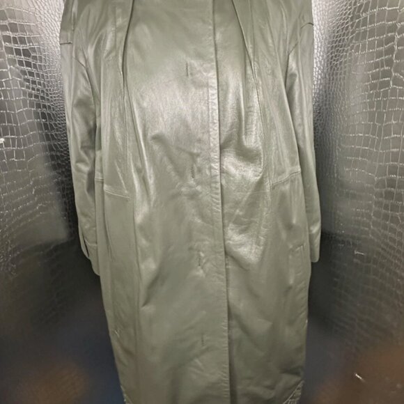 Fergucci Gray Green Leather Satin Printed Liner Collarless Coat Size 38 NWT - Picture 2 of 10